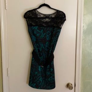 Express teal and black dress with lace, removable belt
